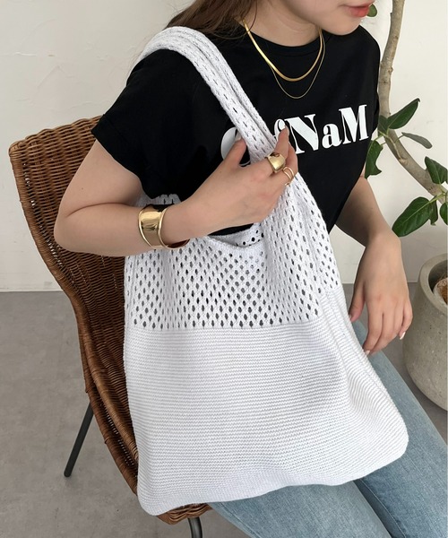 prose verse（プロズヴェール）の「メッシュ切替ニットマルシェバッグ（トートバッグ・レディース・イエロー/ブルー/ブラック/アイボリー・ﾌﾘ-）」の9枚目の写真