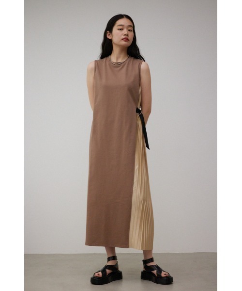 ワンピース ノースリーブ ハイウエスト プリーツ S/M/L/XL ウエスト切替袖ギャザーノースリーブワンピース[品番