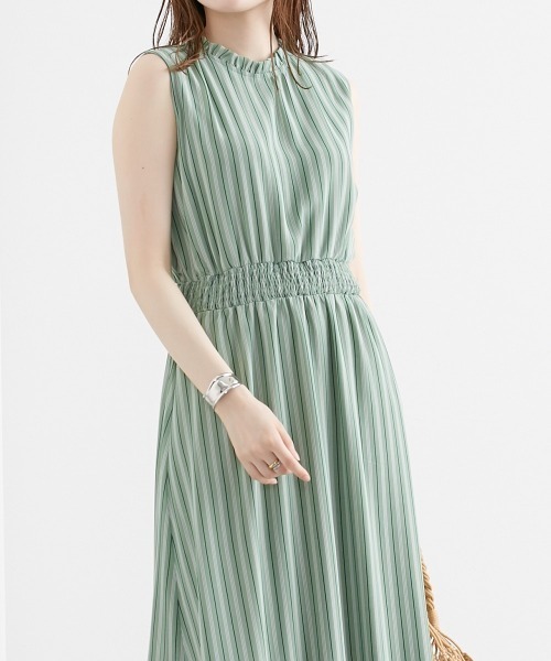 nissen（ニッセン）の「シフォンストライプ　フリルネックワンピース（裏地付）（ワンピース・レディース・グリーン/モカ・L/M/LL）」の2枚目の写真