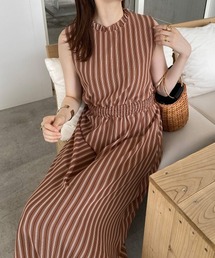 シフォンストライプ　フリルネックワンピース（裏地付）