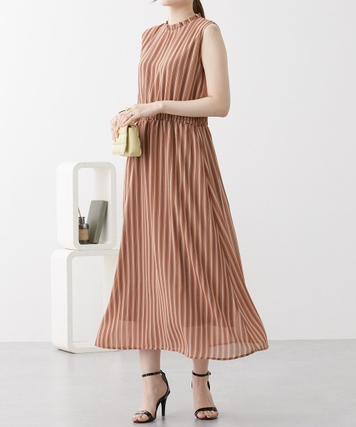 nissen（ニッセン）の「シフォンストライプ　フリルネックワンピース（裏地付）（ワンピース・レディース・グリーン/モカ・L/M/LL）」の10枚目の写真