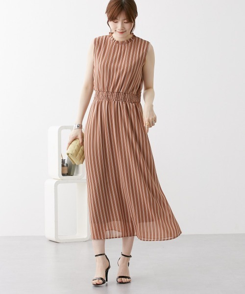 nissen（ニッセン）の「シフォンストライプ　フリルネックワンピース（裏地付）（ワンピース・レディース・グリーン/モカ・L/M/LL）」の12枚目の写真