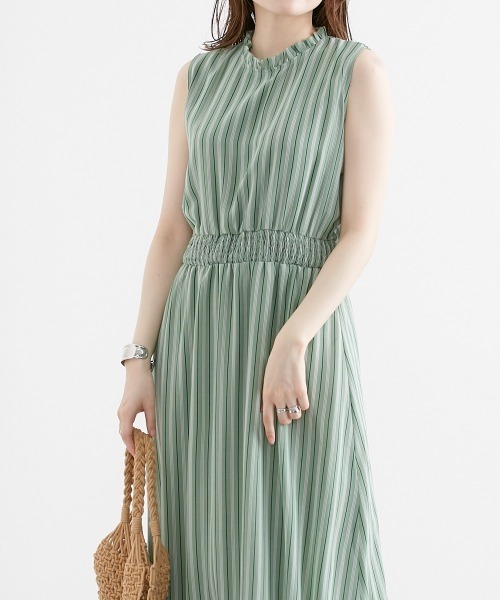 nissen（ニッセン）の「シフォンストライプ　フリルネックワンピース（裏地付）（ワンピース・レディース・グリーン/モカ・L/M/LL）」の14枚目の写真