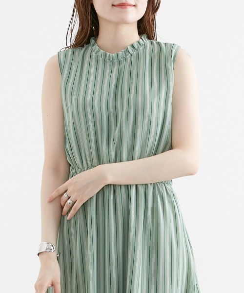 nissen（ニッセン）の「シフォンストライプ　フリルネックワンピース（裏地付）（ワンピース・レディース・グリーン/モカ・L/M/LL）」の15枚目の写真