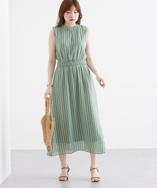 nissen（ニッセン）の「シフォンストライプ　フリルネックワンピース（裏地付）（ワンピース・レディース・グリーン/モカ・L/M/LL）」の18枚目の写真