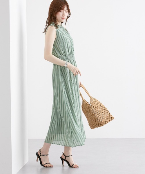 nissen（ニッセン）の「シフォンストライプ　フリルネックワンピース（裏地付）（ワンピース・レディース・グリーン/モカ・L/M/LL）」の19枚目の写真