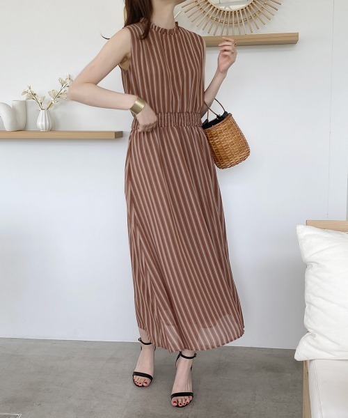 nissen（ニッセン）の「シフォンストライプ　フリルネックワンピース（裏地付）（ワンピース・レディース・グリーン/モカ・L/M/LL）」の5枚目の写真