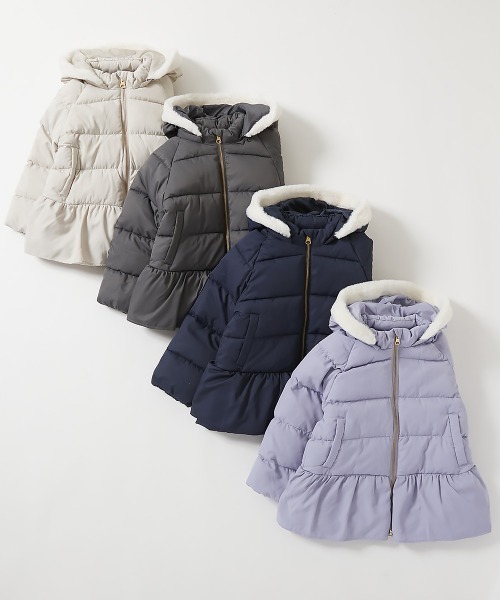 フード付きグレーダウンジャケット ペプラム セール】洗える ファイバーダウン フードが取り外せる ペプラム