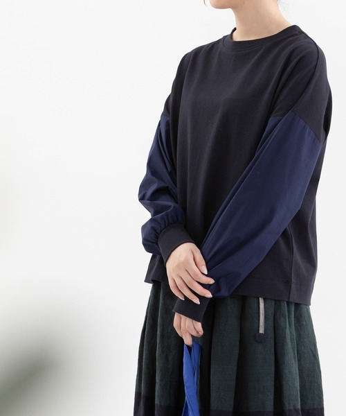 nop de nod(ノップドゥノッド)の「USコットン天竺布帛スリーブT(Tシャツ/カットソー・レディース・ネイビー/ブラック/オフホワイト・3)」の3枚目の写真
