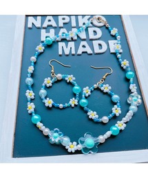 【NAPIKO】 パール！！お花ピアス☆ビーズネックレス☆ハッピーセット/ブルー(MA)