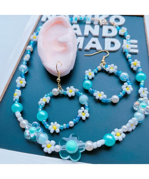 tone（トーン）の「【NAPIKO】 パール！！お花ピアス☆ビーズネックレス☆ハッピーセット/ブルー(MA)（ピアス（両耳用）・レディース・ブルー・FREE）」の4枚目の写真