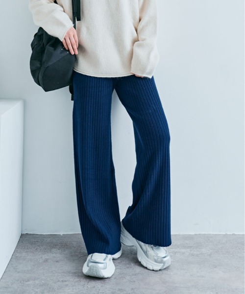 kirakiraShop（キラキラショップ）の「≪25AWの新色登場!≫ 柔暖 リブニット ワイドパンツ（その他パンツ・レディース・ライトベージュ/ブラック/杢グレー/チャコール/グレイッシュベージュ/グリーン/ブラウン/クリーム/ネイビー・L/MT/M/FREE）」の9枚目の写真