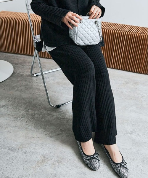 kirakiraShop（キラキラショップ）の「≪25AWの新色登場!≫ 柔暖 リブニット ワイドパンツ（その他パンツ・レディース・ライトベージュ/ブラック/杢グレー/チャコール/グレイッシュベージュ/グリーン/ブラウン/クリーム/ネイビー・L/MT/M/FREE）」の10枚目の写真