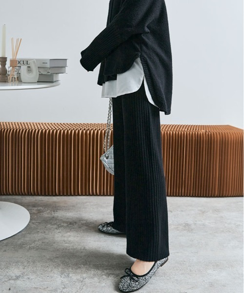 kirakiraShop（キラキラショップ）の「≪25AWの新色登場!≫ 柔暖 リブニット ワイドパンツ（その他パンツ・レディース・ライトベージュ/ブラック/杢グレー/チャコール/グレイッシュベージュ/グリーン/ブラウン/クリーム/ネイビー・L/MT/M/FREE）」の12枚目の写真