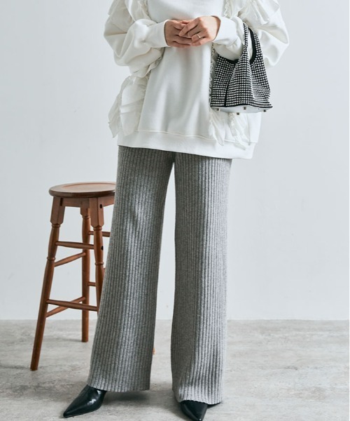 kirakiraShop（キラキラショップ）の「≪25AWの新色登場!≫ 柔暖 リブニット ワイドパンツ（その他パンツ・レディース・ライトベージュ/ブラック/杢グレー/チャコール/グレイッシュベージュ/グリーン/ブラウン/クリーム/ネイビー・L/MT/M/FREE）」の14枚目の写真