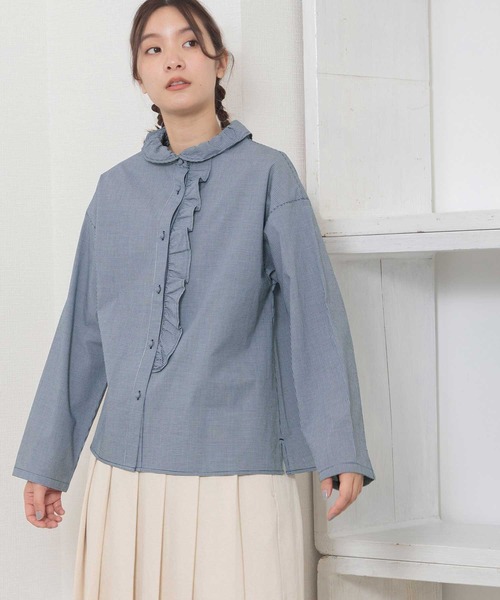 POU DOU DOU（プードゥドゥ）の「ギャザー衿前立てフリルブラウス（シャツ/ブラウス・レディース・オフホワイト/ネイビー/インディゴブルー・3）」の21枚目の写真