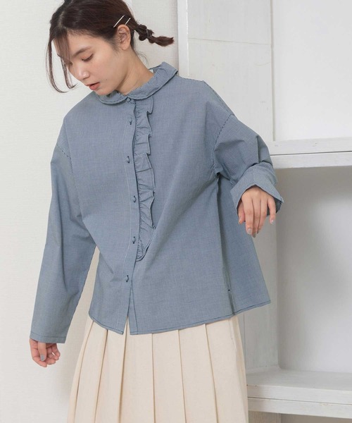 POU DOU DOU（プードゥドゥ）の「ギャザー衿前立てフリルブラウス（シャツ/ブラウス・レディース・オフホワイト/ネイビー/インディゴブルー・3）」の22枚目の写真