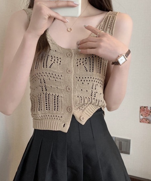 Miniministore（ミニミニストア）の「透かし編み タンクトップ スクエアネック（タンクトップ・レディース・ホワイト/ベージュ/モカ/ブラック・FREE）」の3枚目の写真
