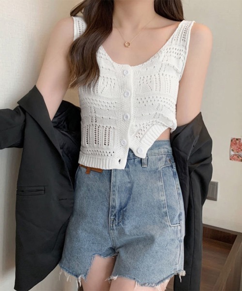 Miniministore（ミニミニストア）の「透かし編み タンクトップ スクエアネック（タンクトップ・レディース・ホワイト/ベージュ/モカ/ブラック・FREE）」の7枚目の写真