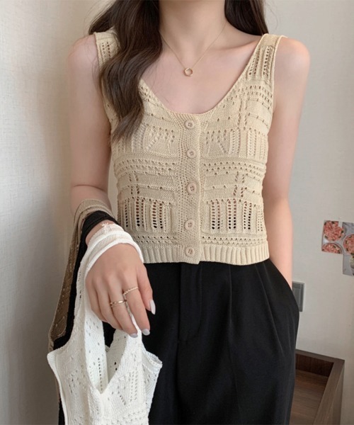 Miniministore（ミニミニストア）の「透かし編み タンクトップ スクエアネック（タンクトップ・レディース・ホワイト/ベージュ/モカ/ブラック・FREE）」の13枚目の写真