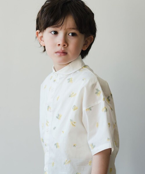 BRANSHES(ブランシェス)の「【おそろい】ミモザ刺繍5分袖シャツ(シャツ/ブラウス・キッズ・ライトグリーン/オフホワイト・110/120/130/140/90/150/100)」の9枚目の写真