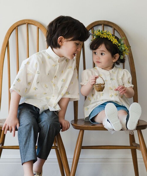 セール】【おそろい】ミモザ刺繍5分袖シャツ（シャツ/ブラウス