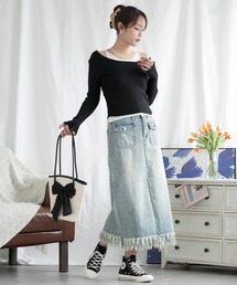 aimoha | スリット入りフリンジ裾デニムスカート(デニムスカート)