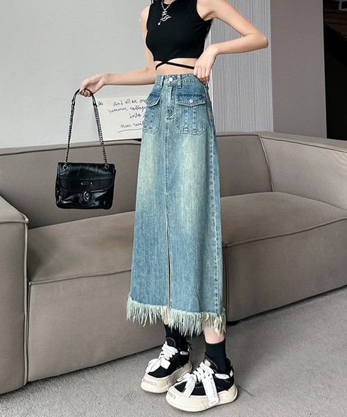 aimoha（アイモハ）の「スリット入りフリンジ裾デニムスカート（デニムスカート・レディース・インディゴブルー・X-SMALL/SMALL/MEDIUM/LARGE/X-LARGE）」の5枚目の写真