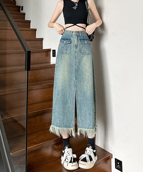 aimoha（アイモハ）の「スリット入りフリンジ裾デニムスカート（デニムスカート・レディース・インディゴブルー・X-SMALL/SMALL/MEDIUM/LARGE/X-LARGE）」の8枚目の写真