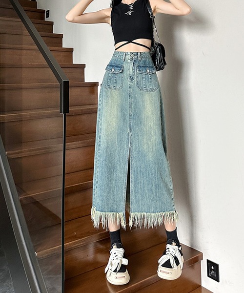 aimoha（アイモハ）の「スリット入りフリンジ裾デニムスカート（デニムスカート・レディース・インディゴブルー・X-SMALL/SMALL/MEDIUM/LARGE/X-LARGE）」の20枚目の写真