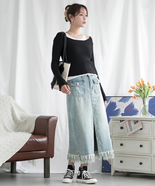 aimoha（アイモハ）の「スリット入りフリンジ裾デニムスカート（デニムスカート・レディース・インディゴブルー・X-SMALL/SMALL/MEDIUM/LARGE/X-LARGE）」の11枚目の写真
