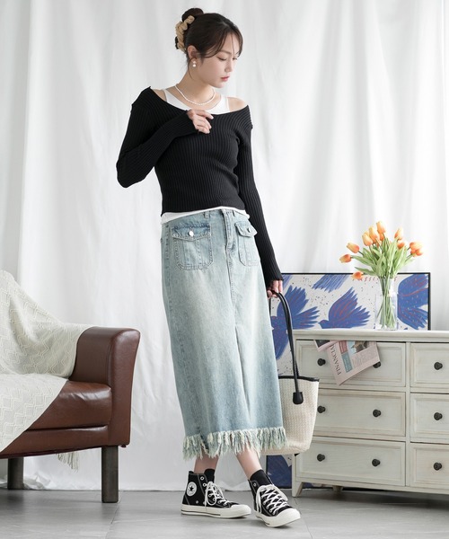 aimoha（アイモハ）の「スリット入りフリンジ裾デニムスカート（デニムスカート・レディース・インディゴブルー・X-SMALL/SMALL/MEDIUM/LARGE/X-LARGE）」の12枚目の写真