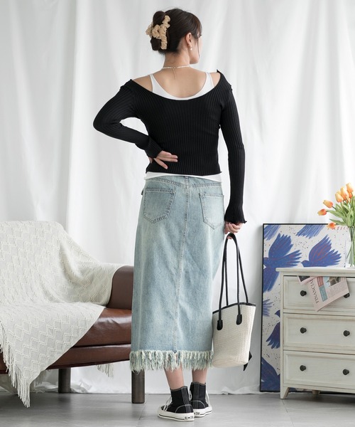 aimoha（アイモハ）の「スリット入りフリンジ裾デニムスカート（デニムスカート・レディース・インディゴブルー・X-SMALL/SMALL/MEDIUM/LARGE/X-LARGE）」の14枚目の写真