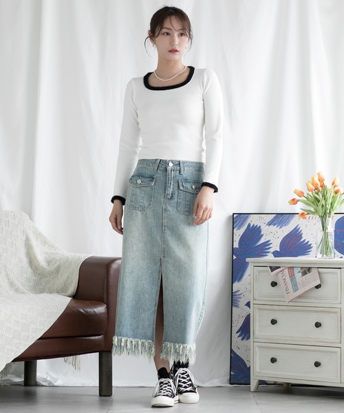 aimoha（アイモハ）の「スリット入りフリンジ裾デニムスカート（デニムスカート・レディース・インディゴブルー・X-SMALL/SMALL/MEDIUM/LARGE/X-LARGE）」の17枚目の写真