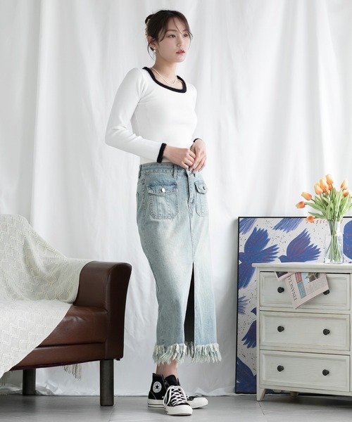aimoha（アイモハ）の「スリット入りフリンジ裾デニムスカート（デニムスカート・レディース・インディゴブルー・X-SMALL/SMALL/MEDIUM/LARGE/X-LARGE）」の18枚目の写真