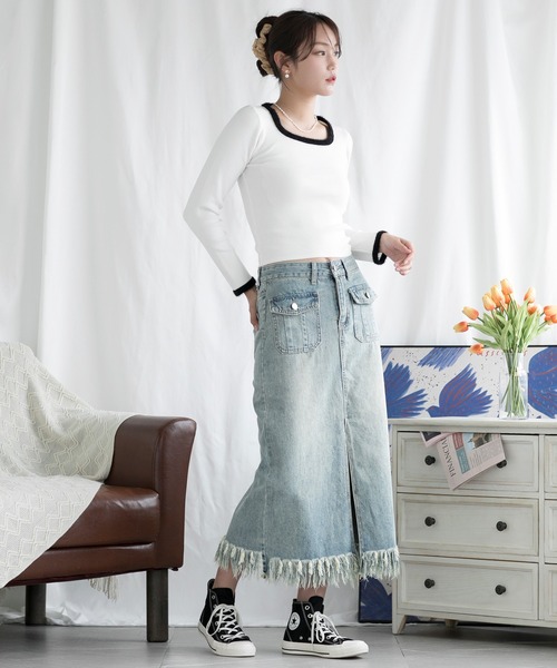 aimoha（アイモハ）の「スリット入りフリンジ裾デニムスカート（デニムスカート・レディース・インディゴブルー・X-SMALL/SMALL/MEDIUM/LARGE/X-LARGE）」の19枚目の写真