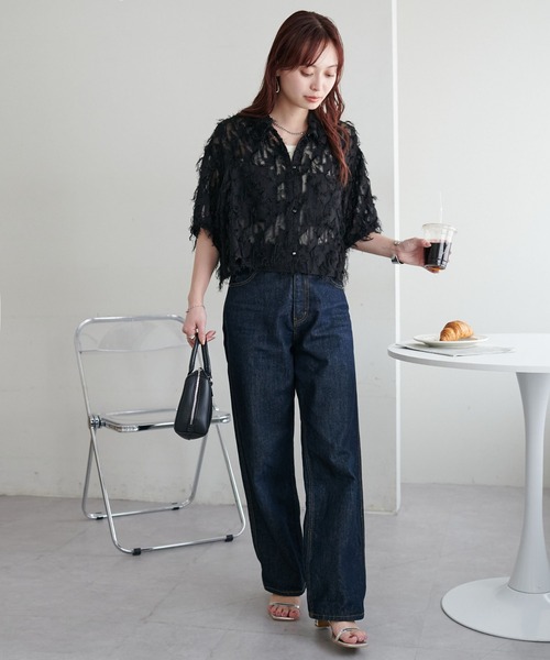 ブラック フリンジ スパンコールシアー半袖 トップス DISCOAT（ディスコート）の「シアーフリンジ半袖シャツ（シャツ
