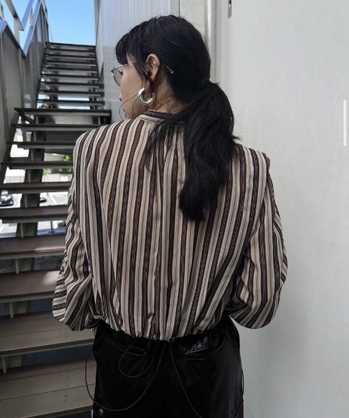 Ameri（アメリ）の「MEDI 2WAY SHEER STRIPE COMPACT SHIRT（シャツ