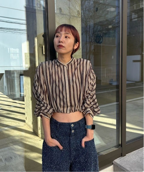 Ameri（アメリ）の「MEDI 2WAY SHEER STRIPE COMPACT SHIRT（シャツ