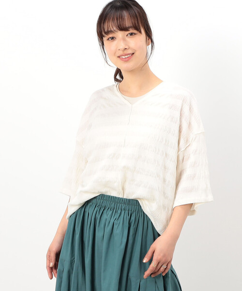 ONIGIRI（オニギリ）の「シアーボーダー　ＶネックＴシャツ（Tシャツ/カットソー・レディース・ターコイズブルー/イエロー/ネイビー/オフホワイト・FREE）」の2枚目の写真