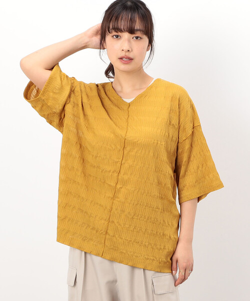 ONIGIRI（オニギリ）の「シアーボーダー　ＶネックＴシャツ（Tシャツ/カットソー・レディース・ターコイズブルー/イエロー/ネイビー/オフホワイト・FREE）」の4枚目の写真