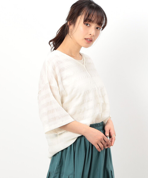 ONIGIRI（オニギリ）の「シアーボーダー　ＶネックＴシャツ（Tシャツ/カットソー・レディース・ターコイズブルー/イエロー/ネイビー/オフホワイト・FREE）」の16枚目の写真