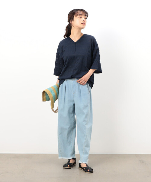 ONIGIRI（オニギリ）の「シアーボーダー　ＶネックＴシャツ（Tシャツ/カットソー・レディース・ターコイズブルー/イエロー/ネイビー/オフホワイト・FREE）」の17枚目の写真