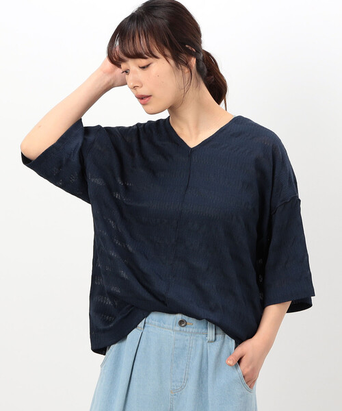 ONIGIRI（オニギリ）の「シアーボーダー　ＶネックＴシャツ（Tシャツ/カットソー・レディース・ターコイズブルー/イエロー/ネイビー/オフホワイト・FREE）」の18枚目の写真