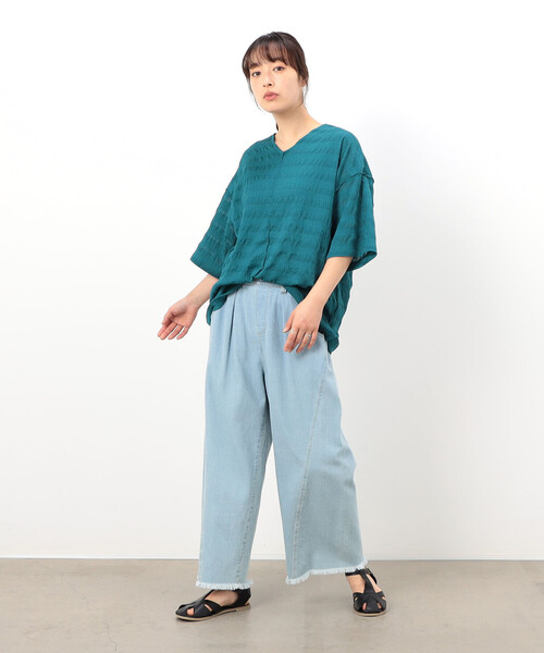 ONIGIRI（オニギリ）の「シアーボーダー　ＶネックＴシャツ（Tシャツ/カットソー・レディース・ターコイズブルー/イエロー/ネイビー/オフホワイト・FREE）」の21枚目の写真