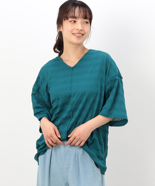 ONIGIRI（オニギリ）の「シアーボーダー　ＶネックＴシャツ（Tシャツ/カットソー・レディース・ターコイズブルー/イエロー/ネイビー/オフホワイト・FREE）」の22枚目の写真