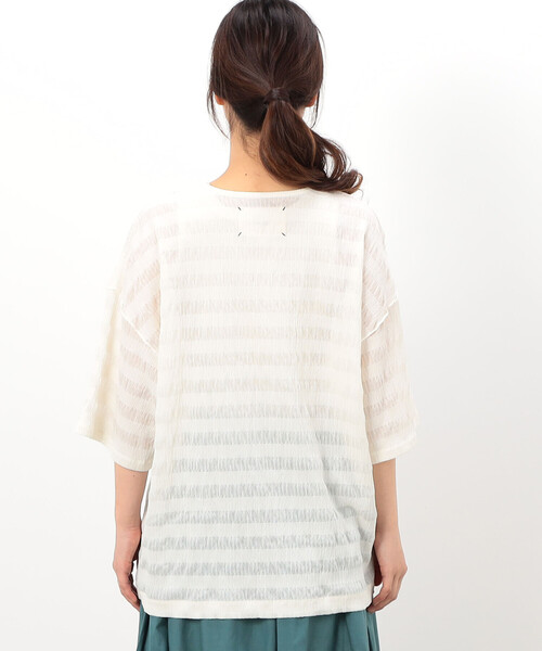 ONIGIRI（オニギリ）の「シアーボーダー　ＶネックＴシャツ（Tシャツ/カットソー・レディース・ターコイズブルー/イエロー/ネイビー/オフホワイト・FREE）」の6枚目の写真