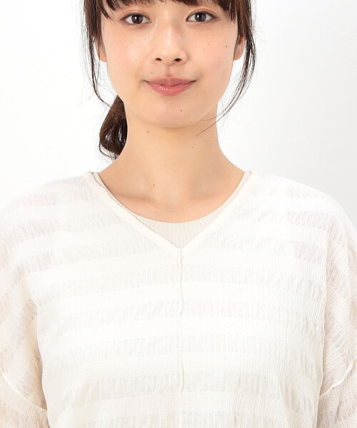 ONIGIRI（オニギリ）の「シアーボーダー　ＶネックＴシャツ（Tシャツ/カットソー・レディース・ターコイズブルー/イエロー/ネイビー/オフホワイト・FREE）」の7枚目の写真