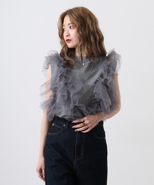 &soiree(アンドソワレ)の「&soiree 天竺チュールドッキングプルオーバー(Tシャツ/カットソー・レディース・ブラック/杢グレー/オフホワイト・F)」の3枚目の写真