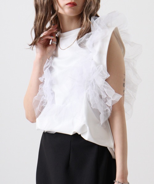&soiree(アンドソワレ)の「&soiree 天竺チュールドッキングプルオーバー(Tシャツ/カットソー・レディース・ブラック/杢グレー/オフホワイト・F)」の1枚目の写真